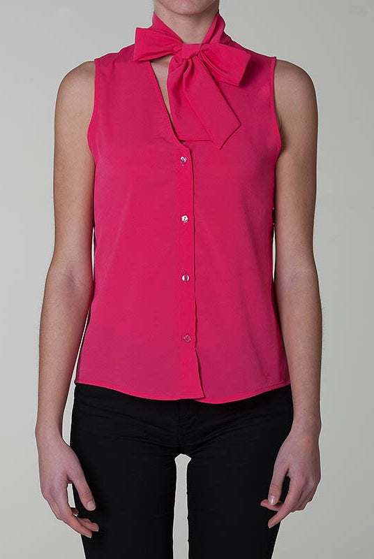 Camicia crepe sbracciata bottoni fiocco rosa fucsia