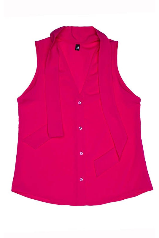 Camicia crepe sbracciata bottoni fiocco rosa fucsia tecnico