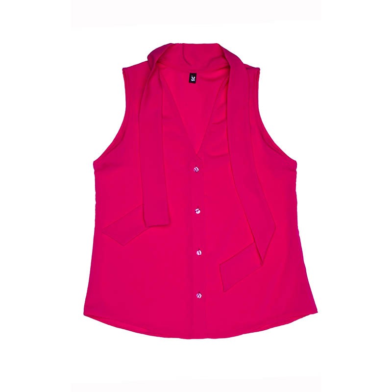 Camicia crepe sbracciata bottoni fiocco rosa fucsia tecnico