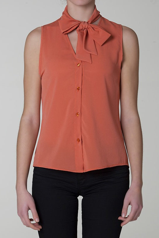Camicia crepe sbracciata bottoni fiocco arancione kaki