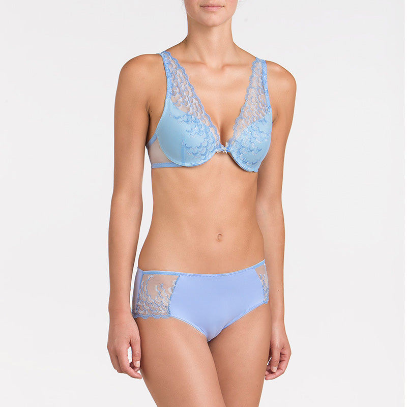 3 fianco 17091 Culotte a vita alta in tessuto elasticizzato con inserti laterali di tulle azzurro con ricamo argentato