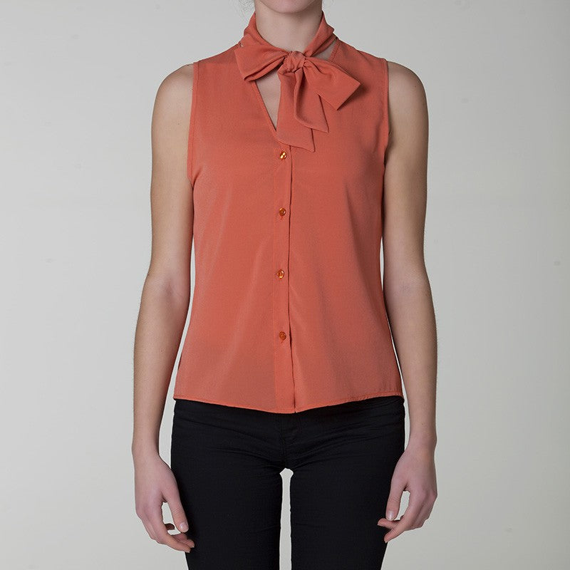 Camicia crepe sbracciata bottoni fiocco arancione kaki