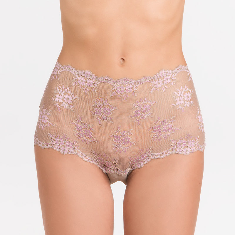 1  fronte  17079 Culotte a vita alta realizzata in pizzo floreale nocciola e rosa