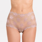 1  fronte  17079 Culotte a vita alta realizzata in pizzo floreale nocciola e rosa
