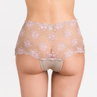 2  retro  17079 Culotte a vita alta realizzata in pizzo floreale nocciola e rosa