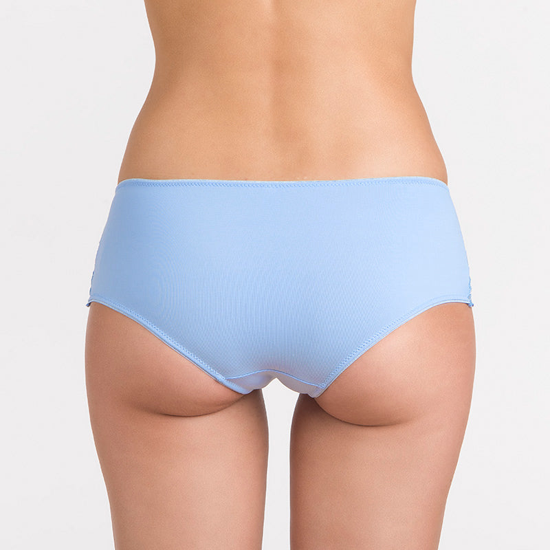 2  retro  17091 Culotte a vita alta in tessuto elasticizzato con inserti laterali di tulle azzurro con ricamo argentato